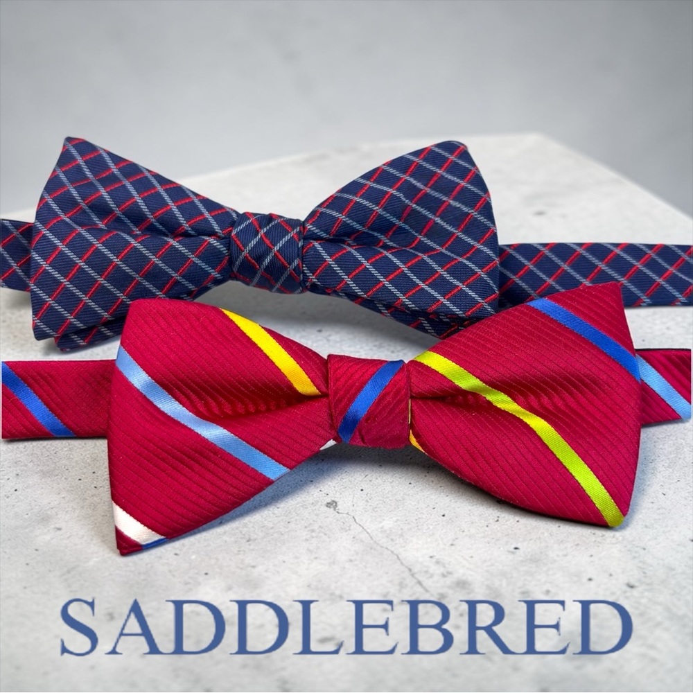 SADDLEBRED Pre-Tied Bow Tie Bundle (2) — Navy Plaid & Red Regimental Stripe